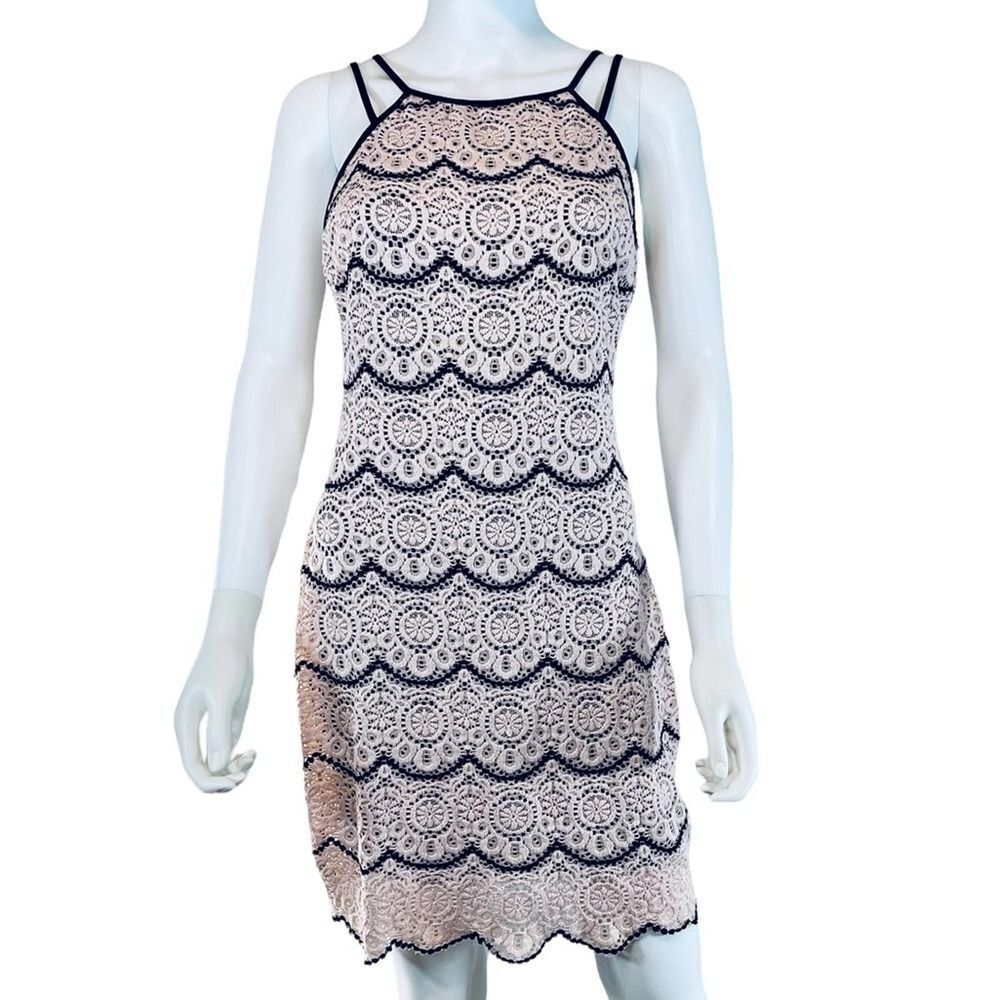 Guess Lace Fitted Scallop Mini Dress Pink Black Wedding Guest